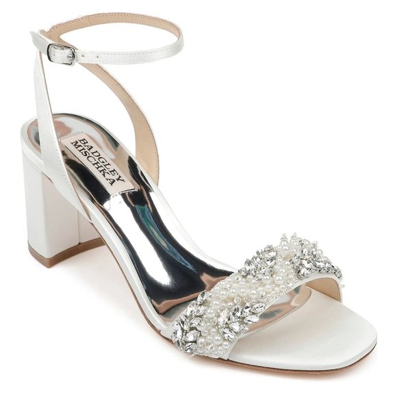 Badgley Mischka Size 6.5 Clara Soft White Jeweled Open Toe Sandals Heels Shoes